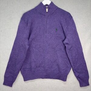 Polo Ralph Lauren Sweater Mens Medium Purple Cotton 1/4 Zip Mock Neck Pullover
